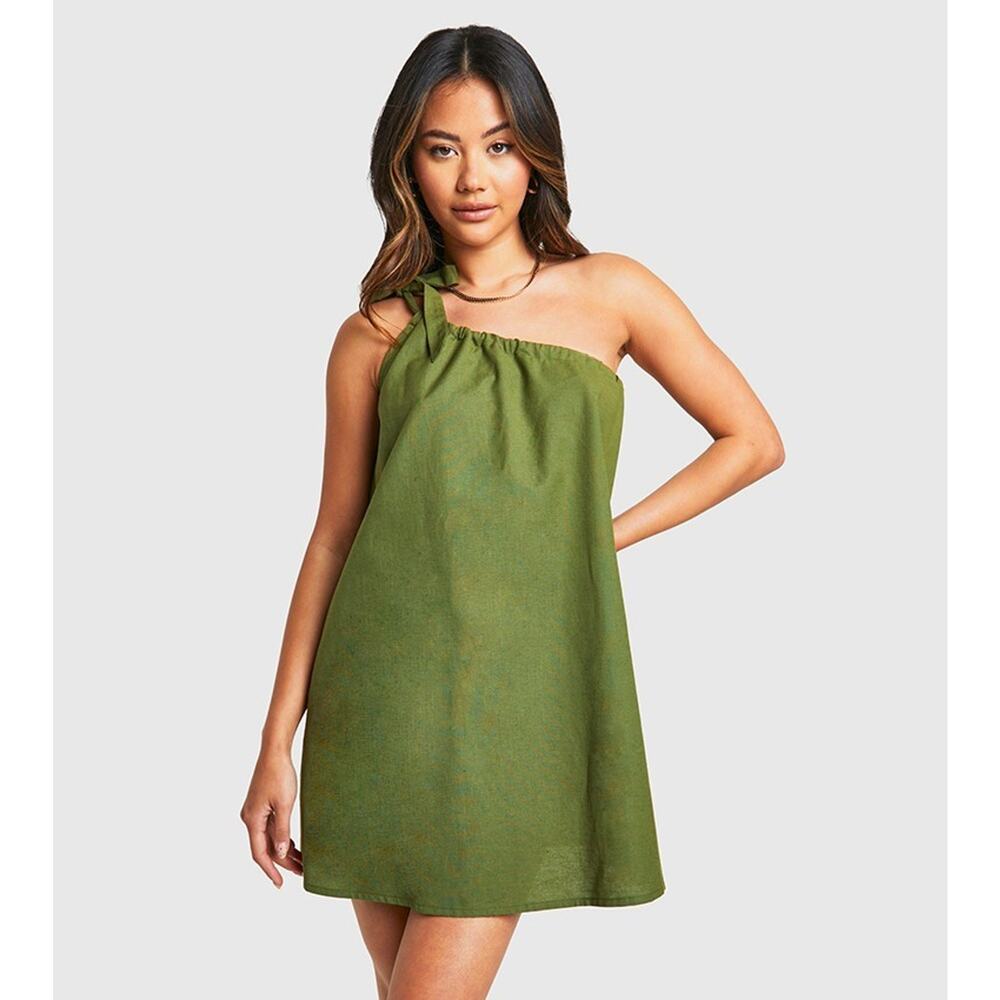 Boohoo Womens Green Cotton Tie Shoulder Mini Dress Size 12